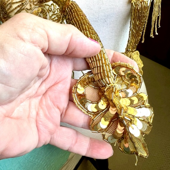 Vintage Heavily Beaded Sequined Lace Gold Tone Frilly Shrug Wrap - Picture 13 of 15